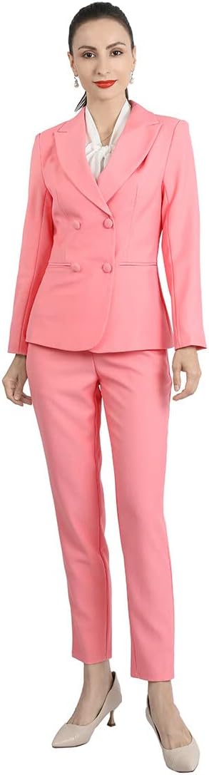 YUNCLOS Women's 2 Piece Double Breasted Suit Set Two Button Blazer and Pants, Pink, Small