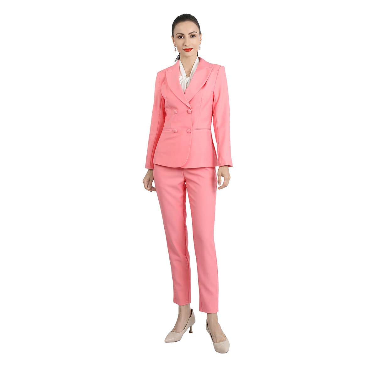 YUNCLOS Women's 2 Piece Double Breasted Suit Set Two Button Blazer and Pants, Pink, Small
