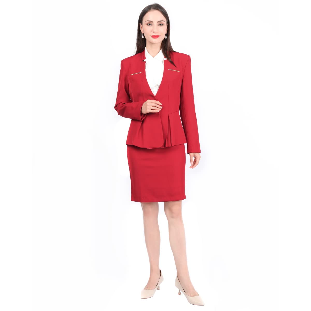 YUNCLOS Women's 2 Piece Business Skirt Suit Set Office Lady Slim Fit Blazer and Skirt Blazer and Skirt-Red