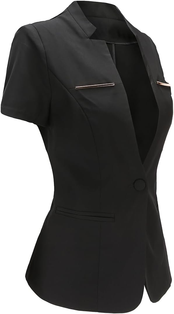 YUNCLOS Women's 2 Piece Business Office Suit Set One Button Short Sleeve Blazer Jacket and Suit Pants Black