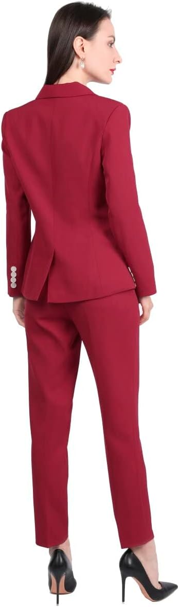 YUNCLOS Women's 2 Piece Slim Fit Work Suit Set Two Button Blazer and Pants Wine Red