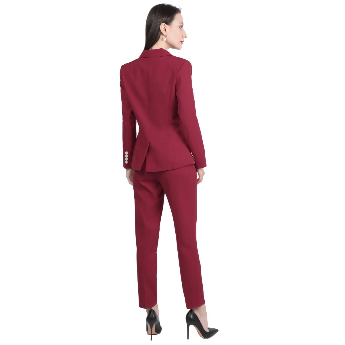 YUNCLOS Women's 2 Piece Slim Fit Work Suit Set Two Button Blazer and Pants Wine Red