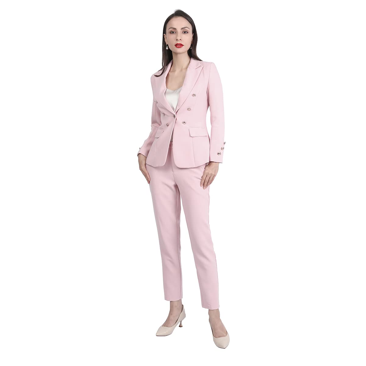 YUNCLOS Women's 2 Pieces Vintage Office Lady Suit Set 1 Button Blazer and Suit Pants Pink