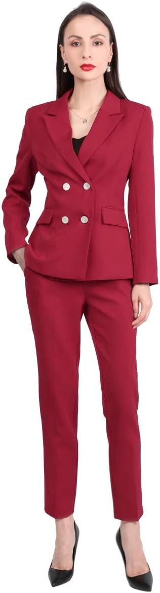 YUNCLOS Women's 2 Piece Slim Fit Work Suit Set Two Button Blazer and Pants Wine Red