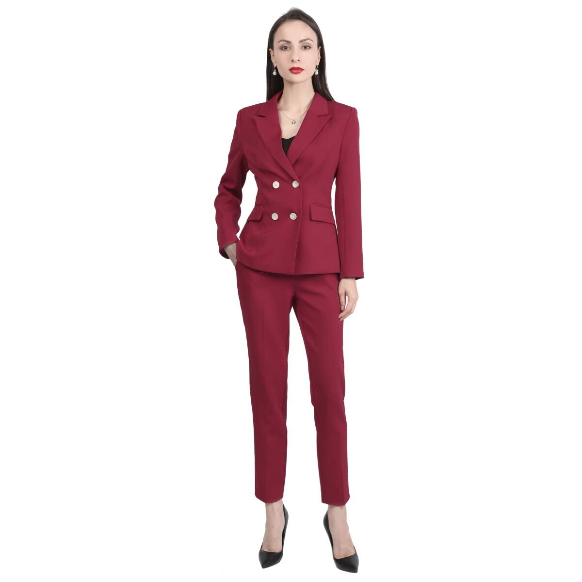 YUNCLOS Women's 2 Piece Slim Fit Work Suit Set Two Button Blazer and Pants Wine Red