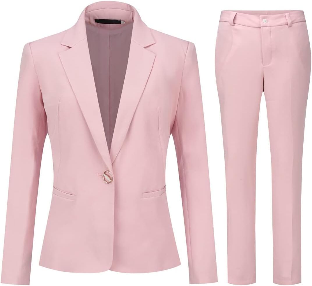 YUNCLOS Women's 2 Piece Office Work Suit Set One Button Blazer and Pants Light Pink