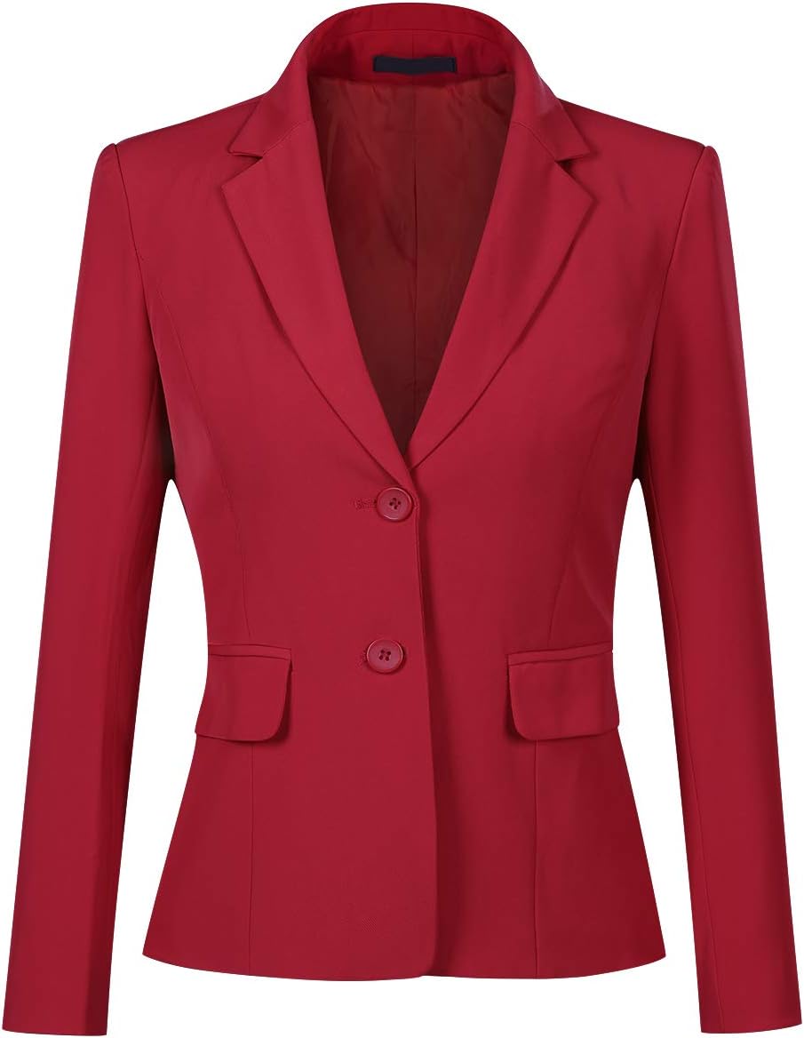 YUNCLOS Women's Single Breasted 2 Button Solid Color Casual Blazer Suit Jacket Red