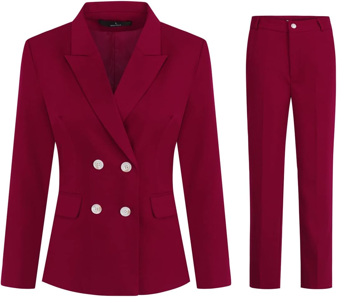 YUNCLOS Women's 2 Piece Slim Fit Work Suit Set Two Button Blazer and Pants Wine Red