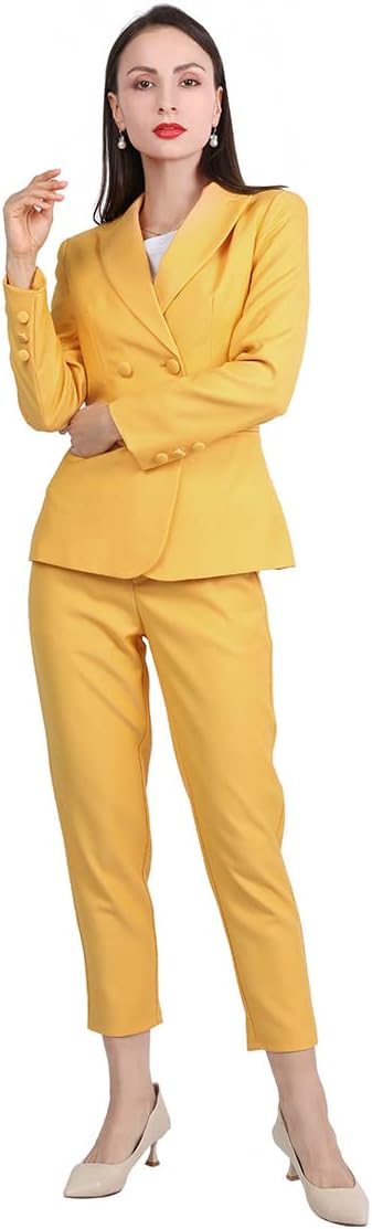 YUNCLOS Women's 2 Piece Double Breasted Suit Set Two Button Blazer and Pants, S Yellow