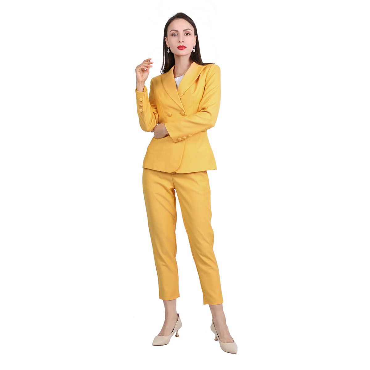 YUNCLOS Women's 2 Piece Double Breasted Suit Set Two Button Blazer and Pants, S Yellow