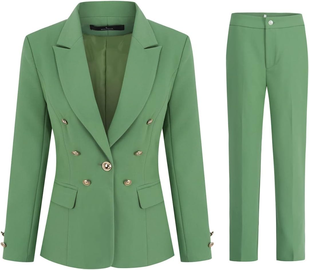 YUNCLOS Women's 2 Pieces Vintage Office Lady Suit Set 1 Button Blazer and Suit Pants Green