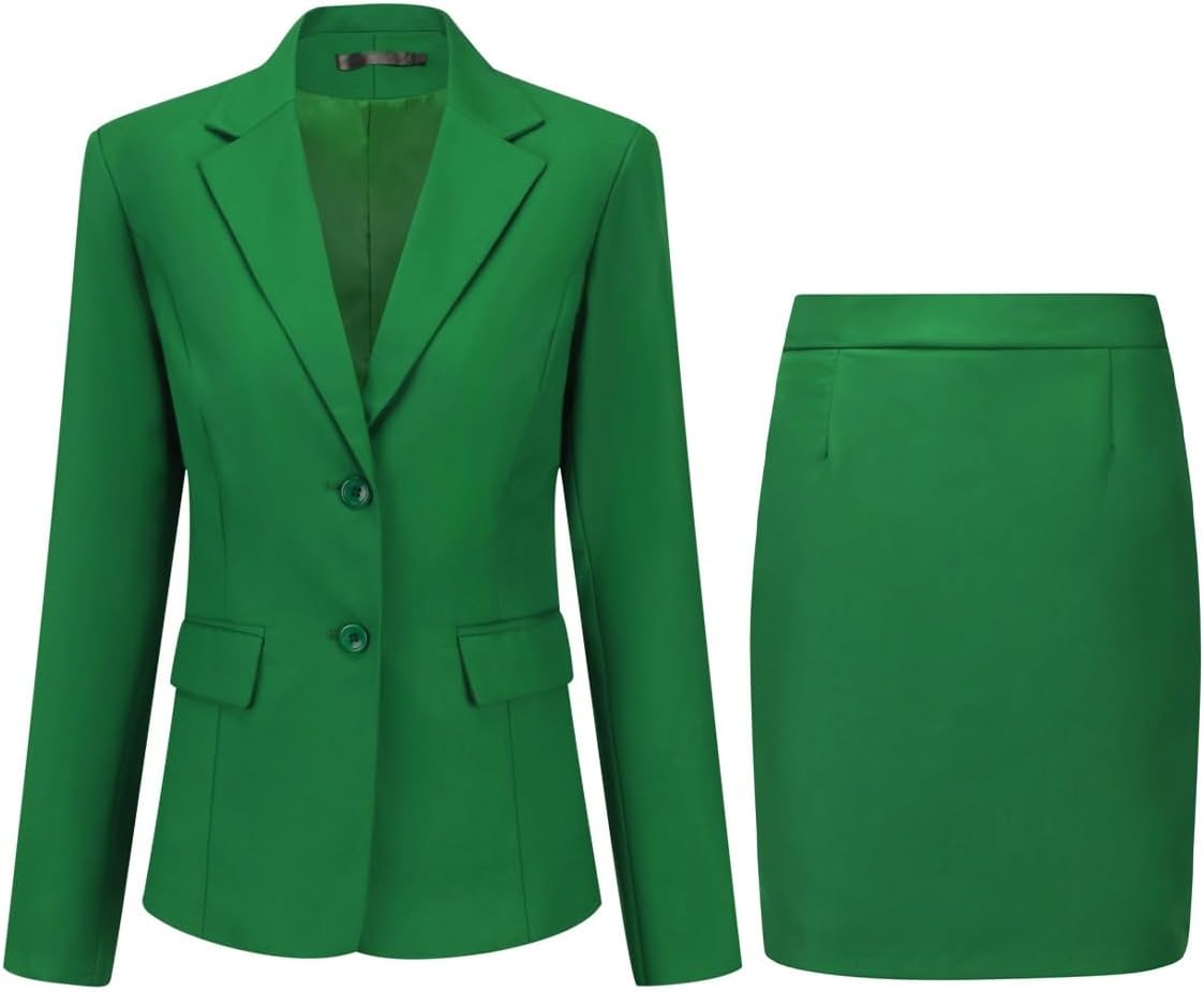 YUNCLOS Women's 2 Pieces Skirt Suit Set Long Sleeve Blazer Jacket and Pencil Skirt Green
