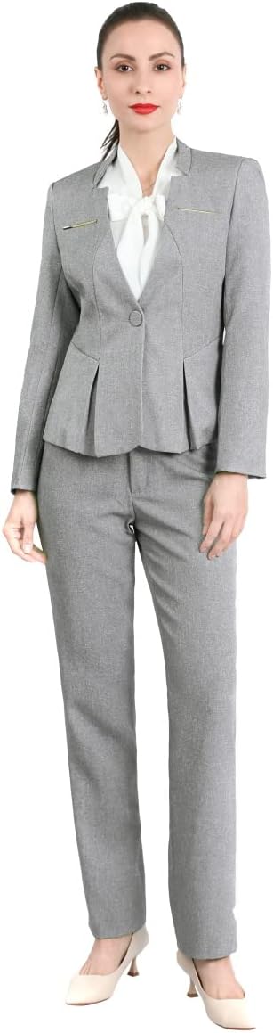 YUNCLOS Women's Elegant Business 2 Piece Office Lady Suit Set Work Blazer Pant, 001L, Grey