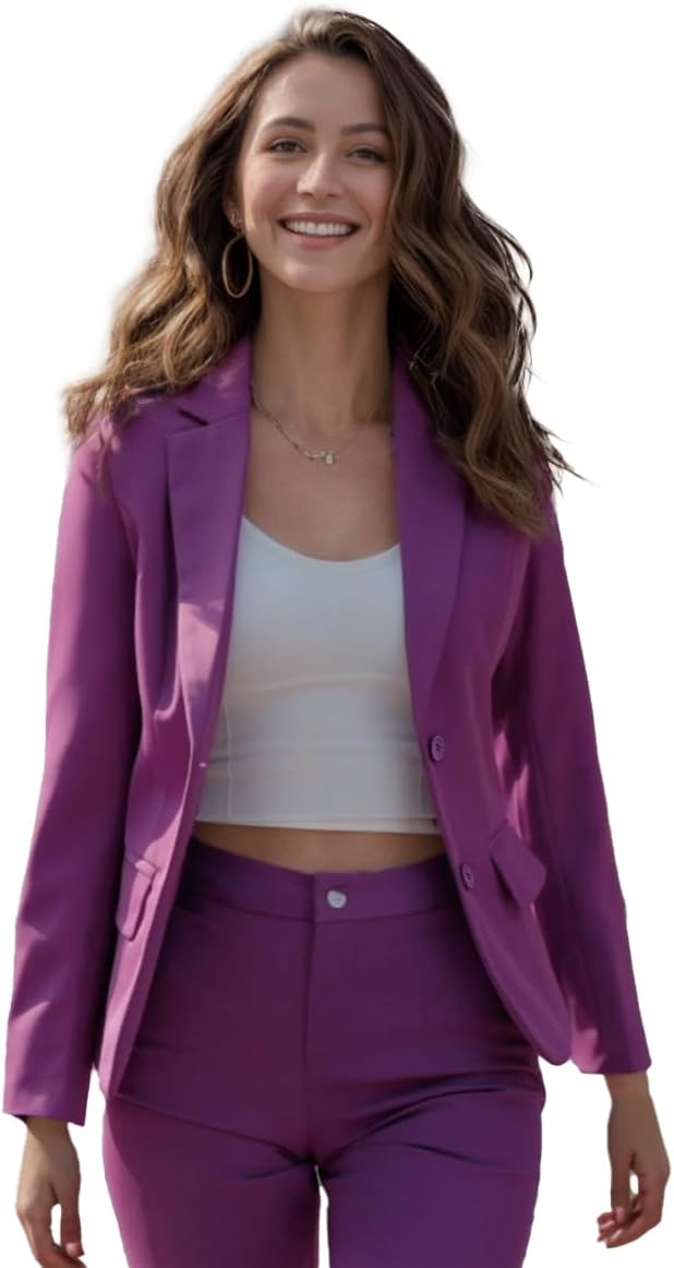 YUNCLOS Women's Single Breasted 2 Button Solid Color Casual Blazer Suit Jacket Purple