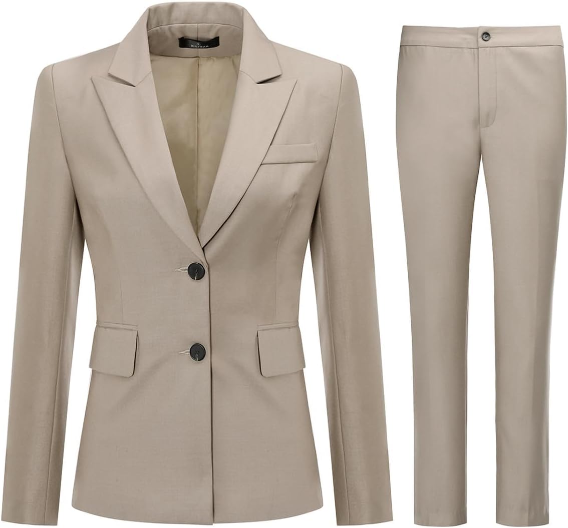 YUNCLOS Women's 2 Piece Office Work Suit Set Two Button Blazer and Pants Khaki