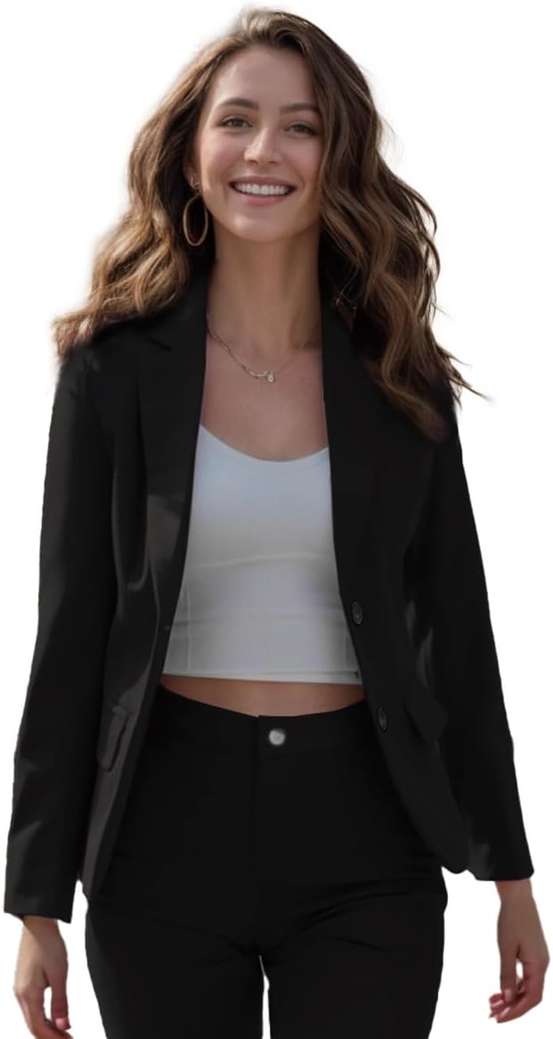 YUNCLOS Women's Single Breasted 2 Button Solid Color Casual Blazer Suit Jacket Coal Black