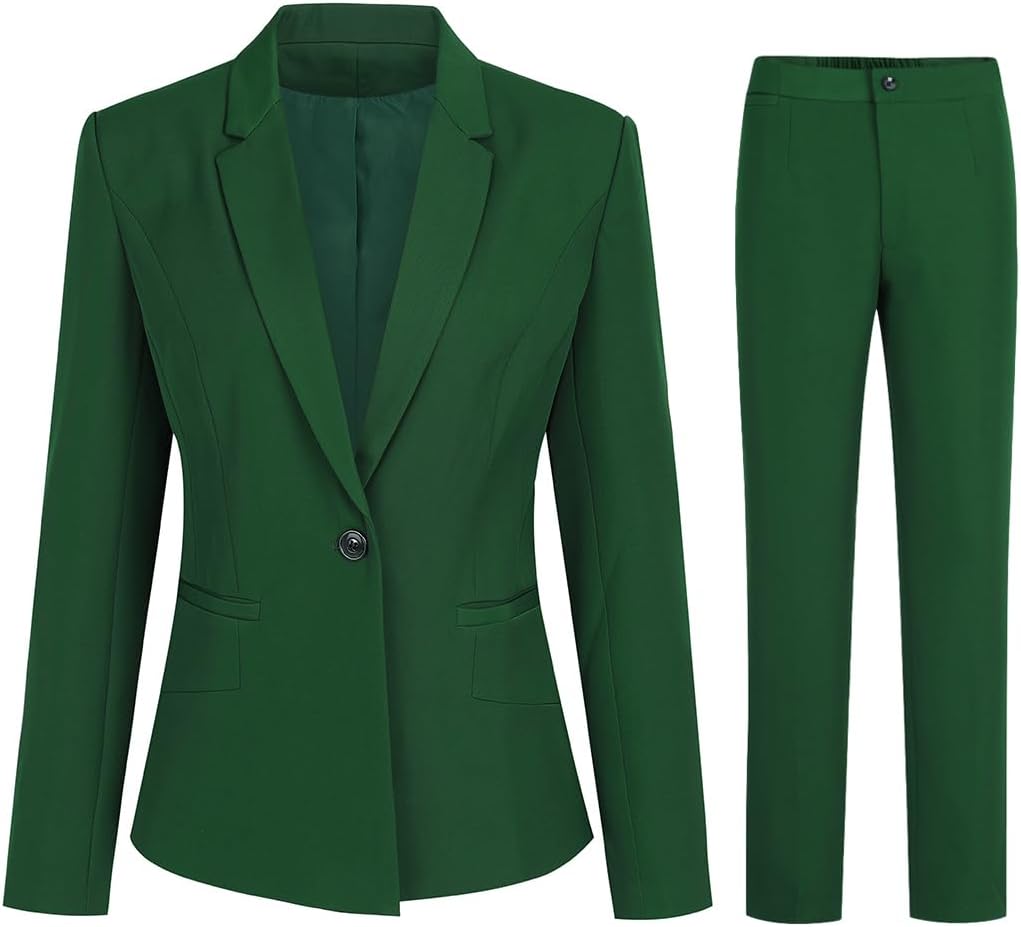 YUNCLOS Women's 2 Piece Office Lady Business Suit Set Slim Fit Blazer Pant Green
