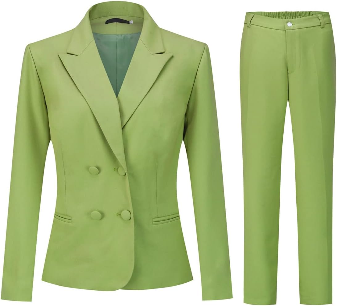 YUNCLOS Women's 2 Piece Double Breasted Suit Set Two Button Blazer and Pants Green