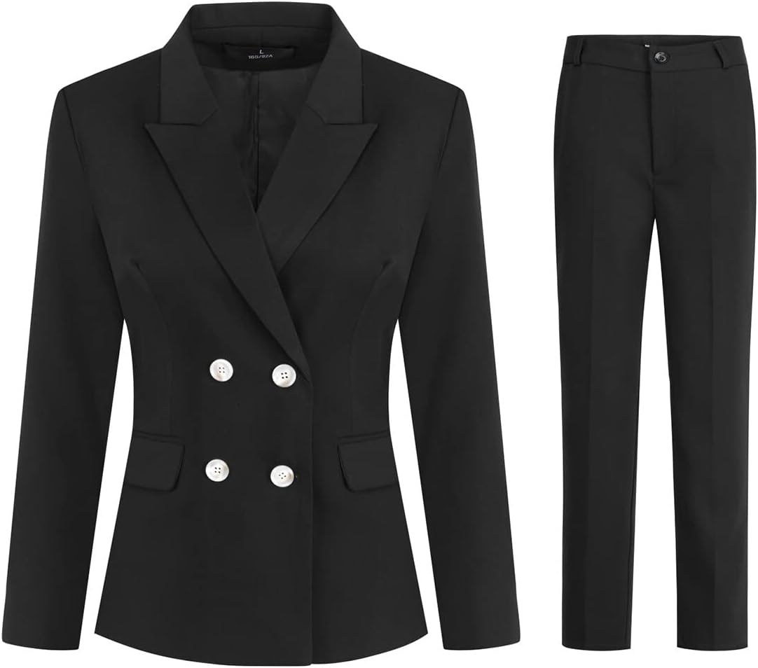YUNCLOS Women's 2 Piece Slim Fit Work Suit Set Two Button Blazer and Pants Coal Black