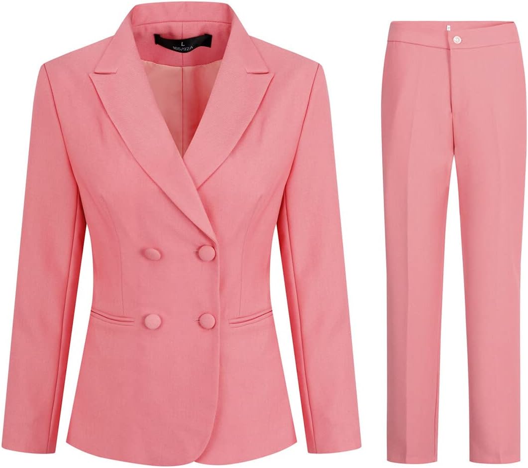 YUNCLOS Women's 2 Piece Double Breasted Suit Set Two Button Blazer and Pants, Pink, Small