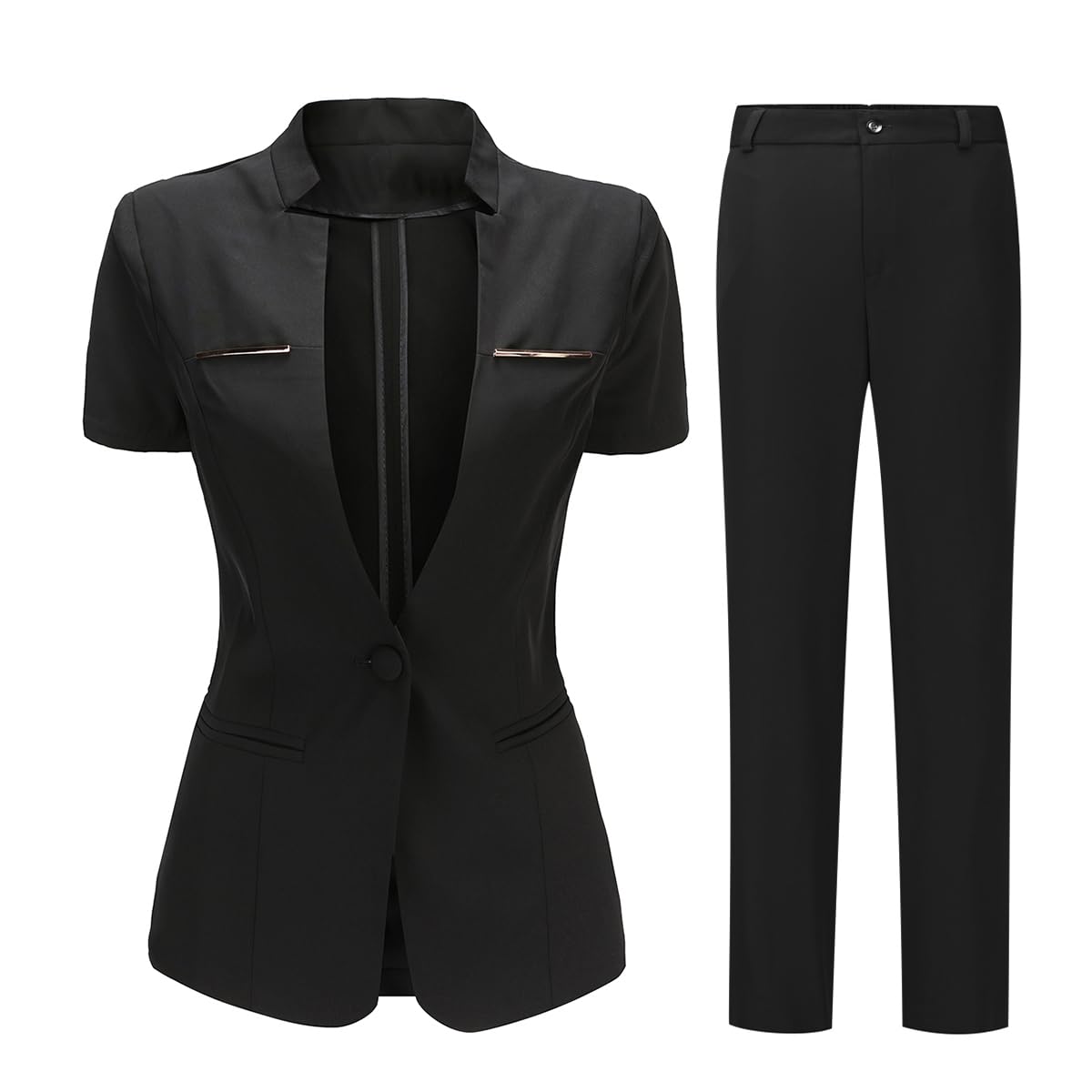 YUNCLOS Women's 2 Piece Business Office Suit Set One Button Short Sleeve Blazer Jacket and Suit Pants Black