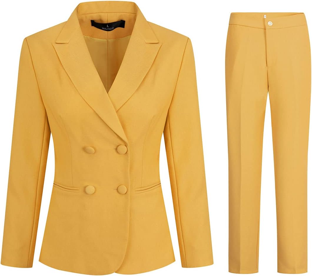 YUNCLOS Women's 2 Piece Double Breasted Suit Set Two Button Blazer and Pants, S Yellow