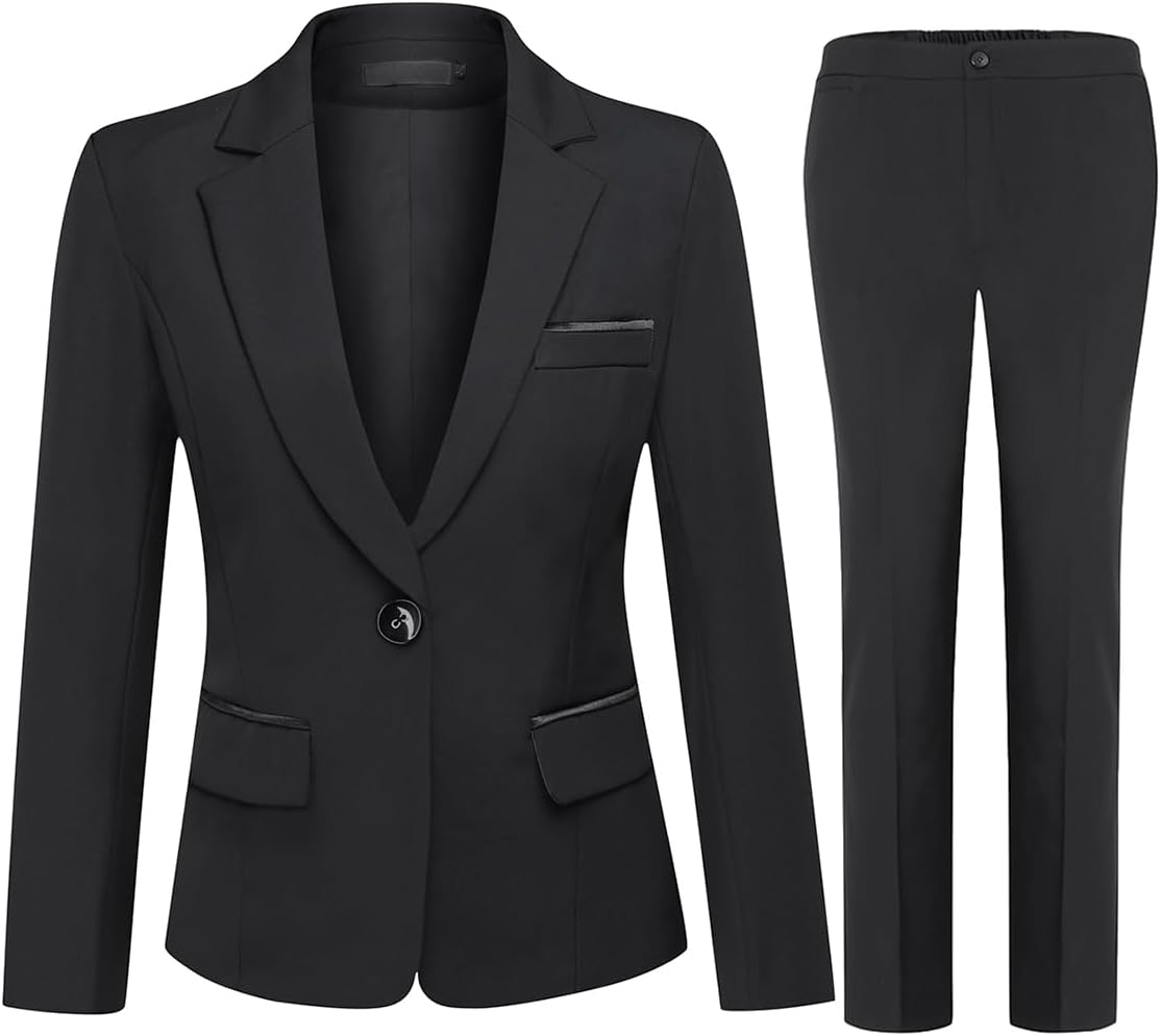 YUNCLOS Women's 2 Piece Office Lady Business Suit Set Slim Fit Blazer Pant Black