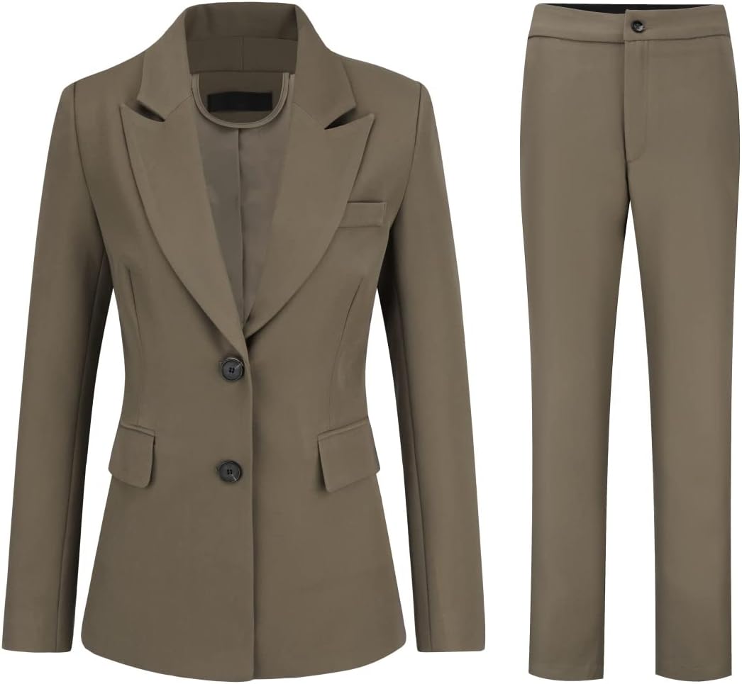 YUNCLOS Women's 2 Piece Office Work Suit Set One Button Blazer and Pants, Small Brown