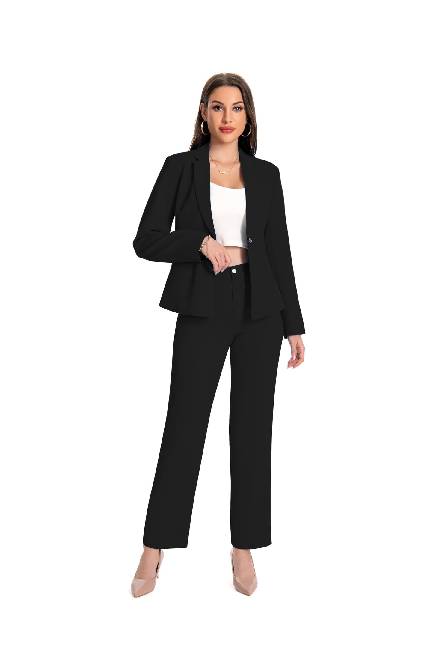 YUNCLOS Women's 2 Piece Office Lady Business Suit Set Slim Fit Blazer Pant Coal Black