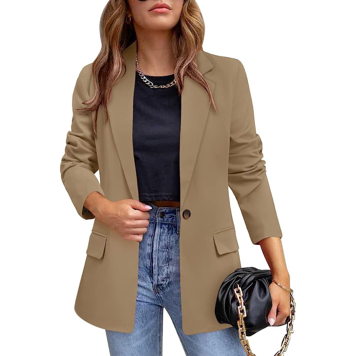 YUNCLOS Womens Casual Suit Blazer 1 Button Long Sleeve Notched Lapel Open Front Jacket for Work Office Khaki
