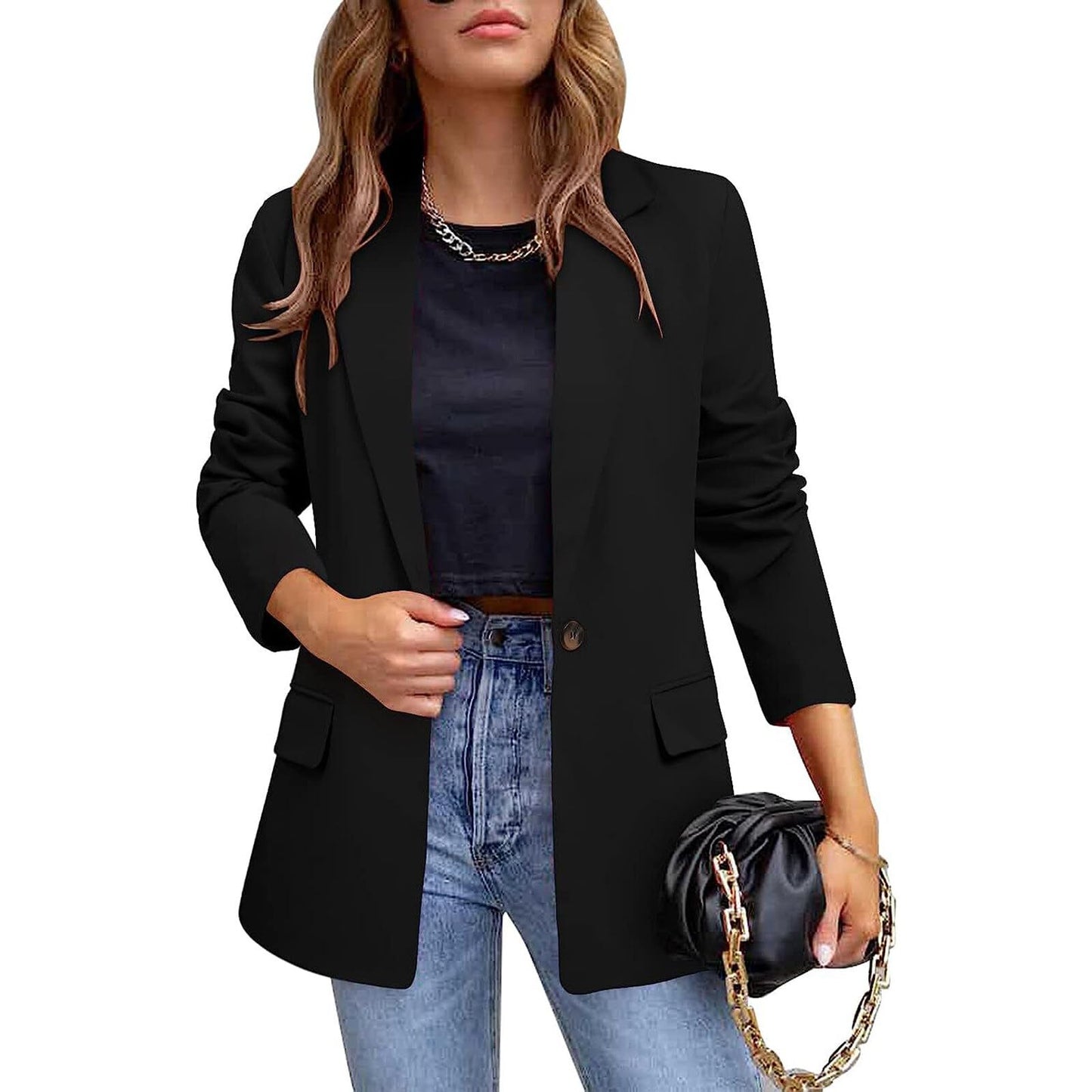 YUNCLOS Womens Casual Suit Blazer 1 Button Long Sleeve Notched Lapel Open Front Jacket for Work Office Black