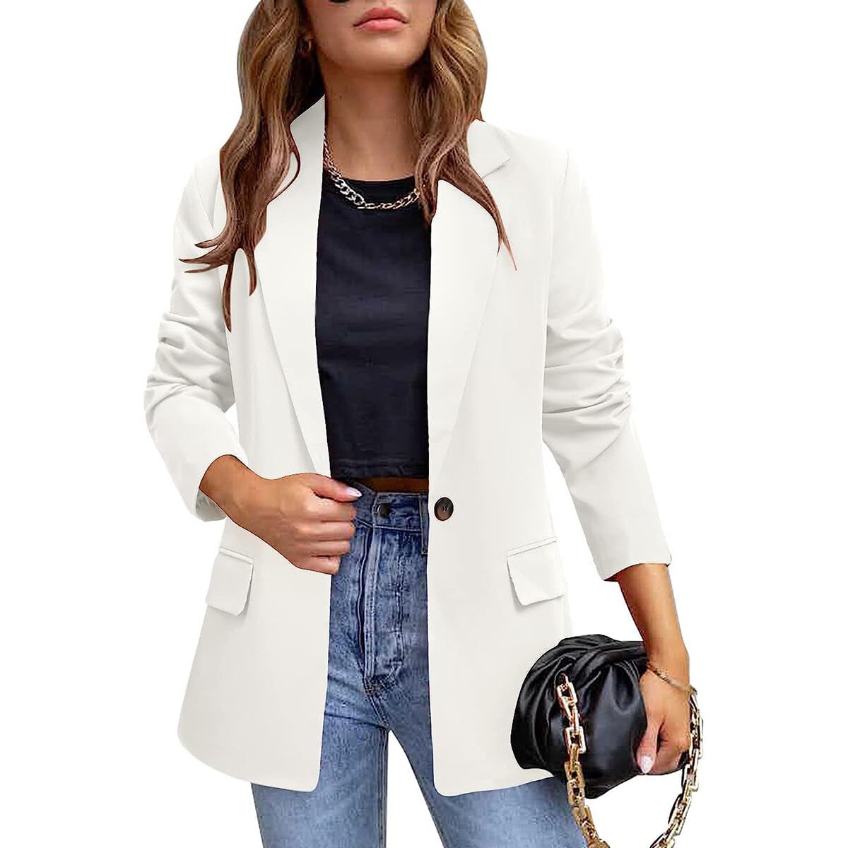 YUNCLOS Womens Casual Suit Blazer 1 Button Long Sleeve Notched Lapel Open Front Jacket for Work Office White