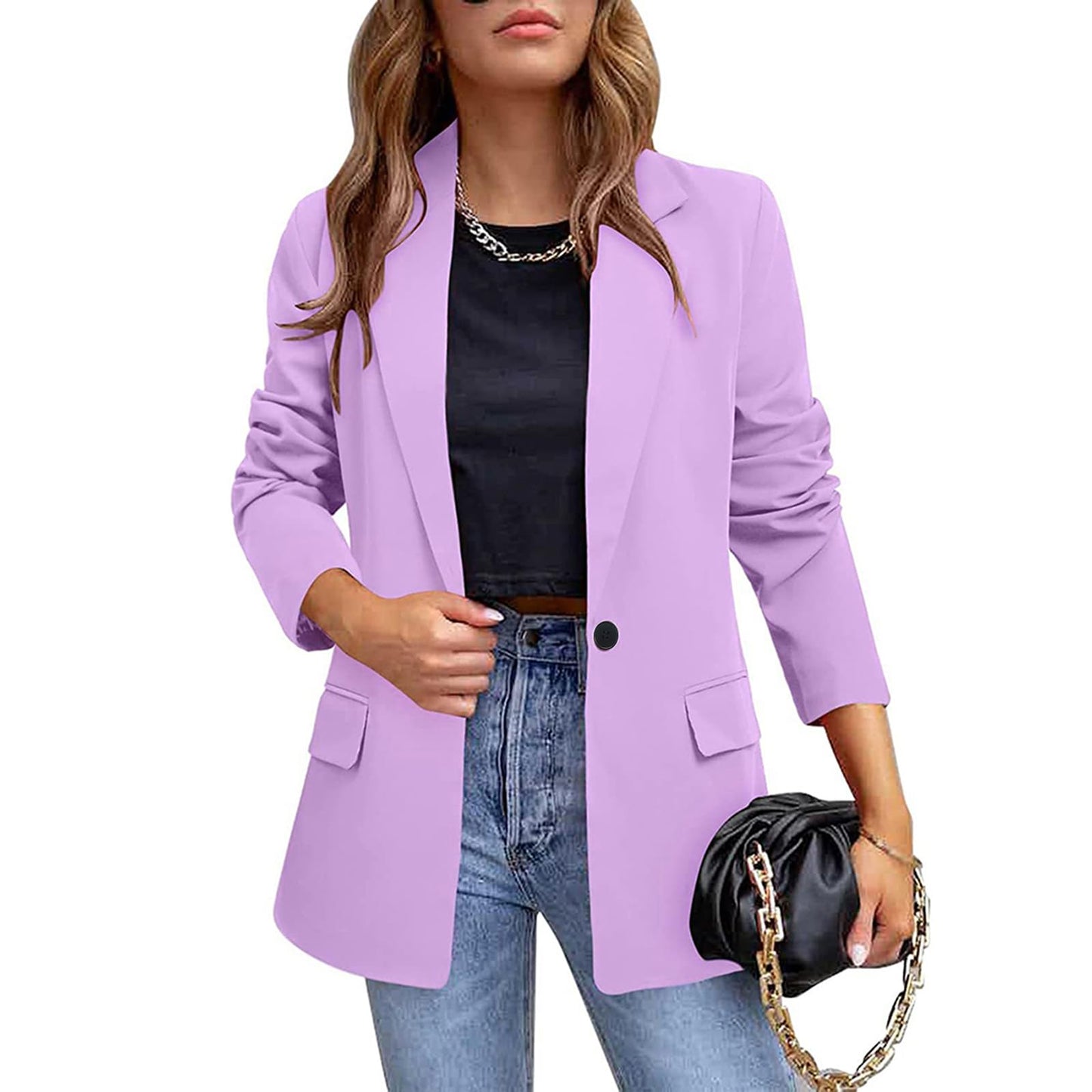 YUNCLOS Womens Casual Suit Blazer 1 Button Long Sleeve Notched Lapel Open Front Jacket for Work Office Purple