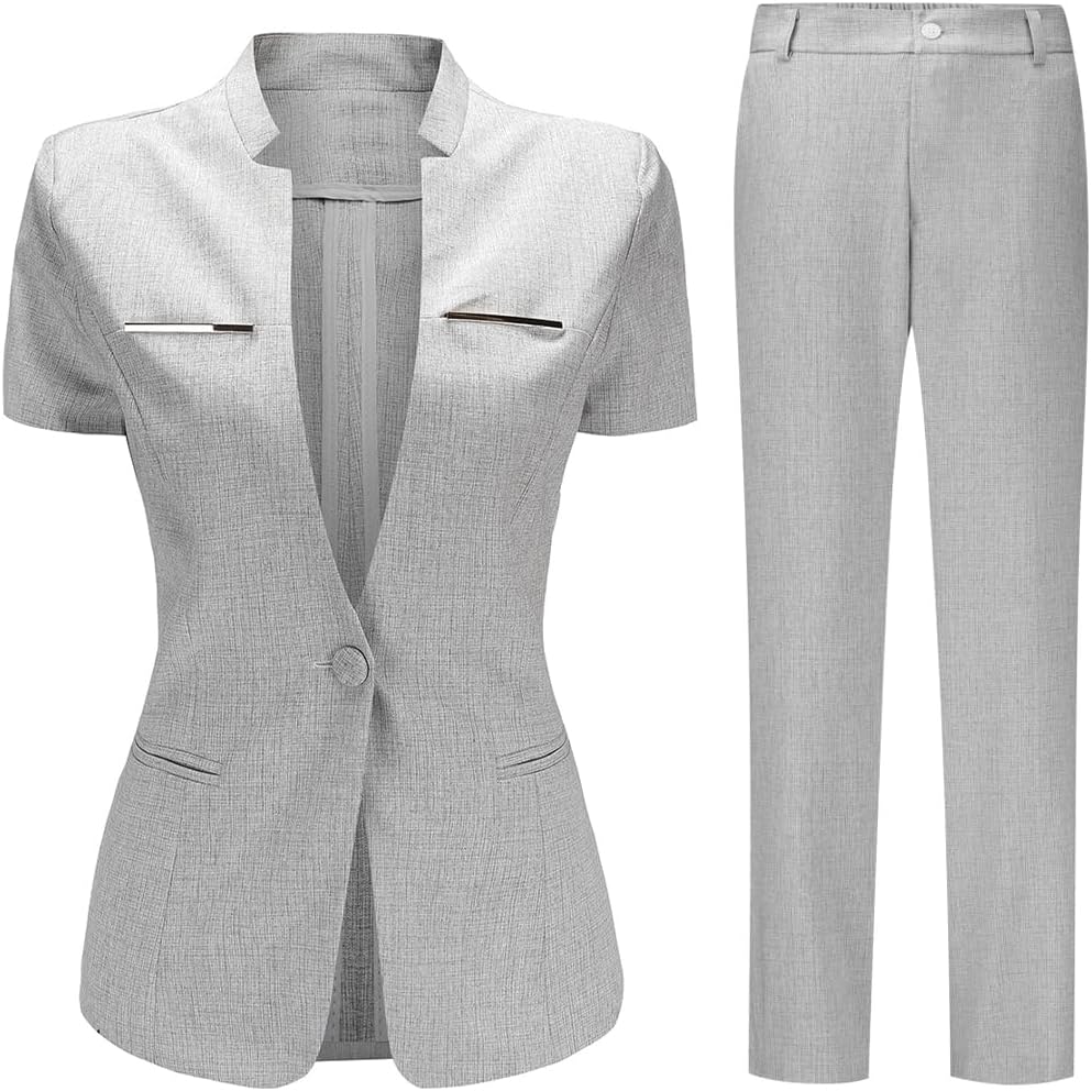 YUNCLOS Women's 2 Piece Business Office Suit Set One Button Short Sleeve Blazer Jacket and Suit Pants Gray