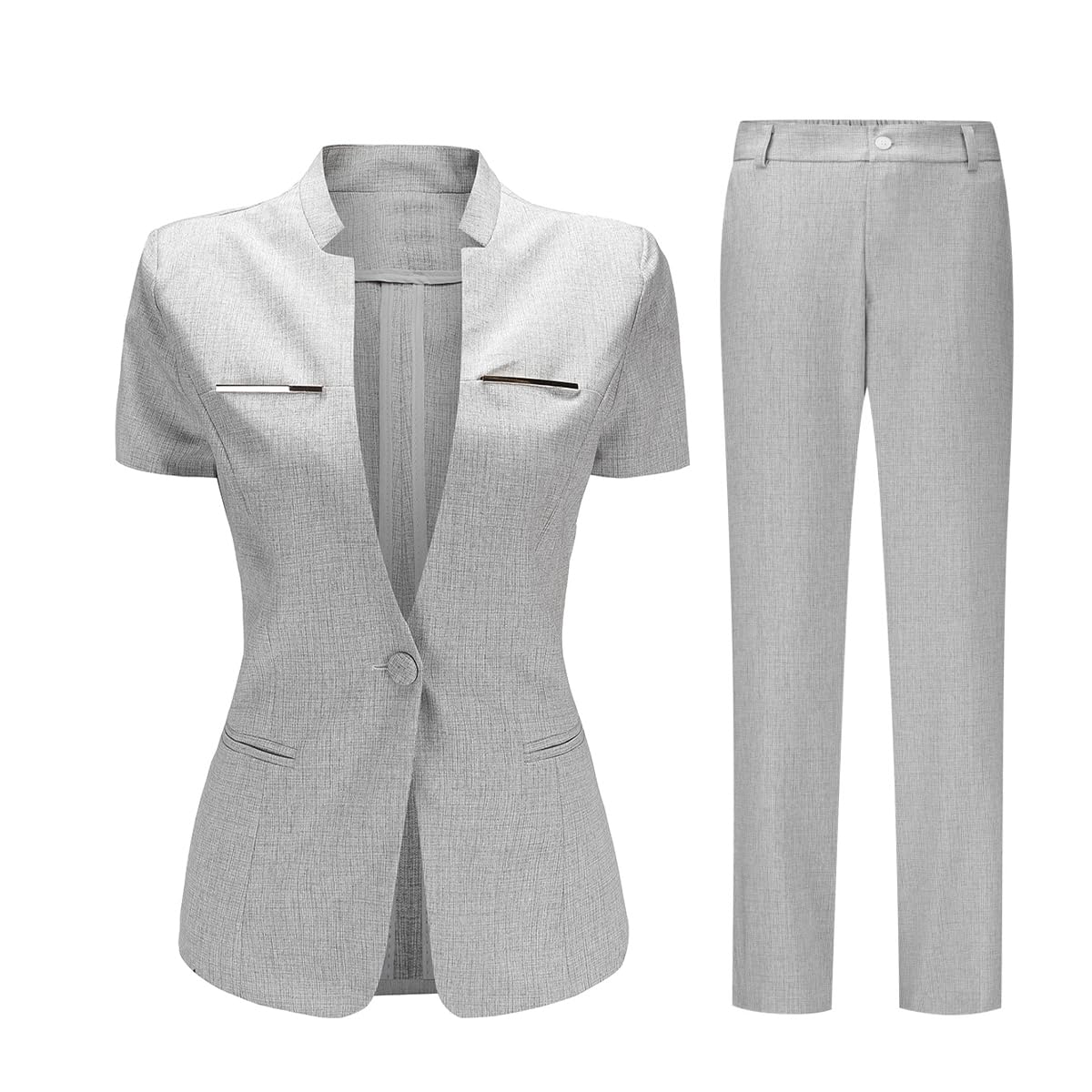 YUNCLOS Women's 2 Piece Business Office Suit Set One Button Short Sleeve Blazer Jacket and Suit Pants Gray