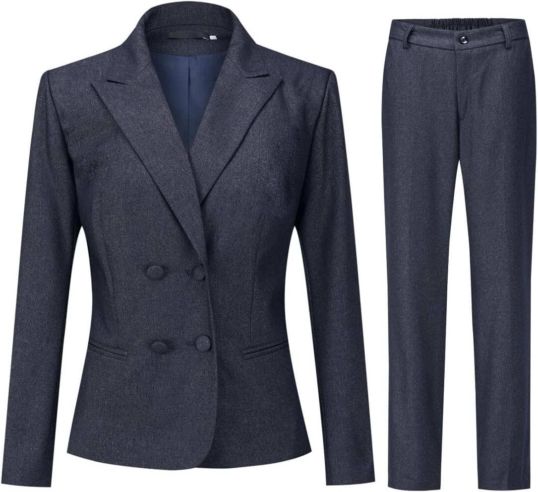 YUNCLOS Women's 2 Piece Double Breasted Suit Set Two Button Blazer and Pants Navy