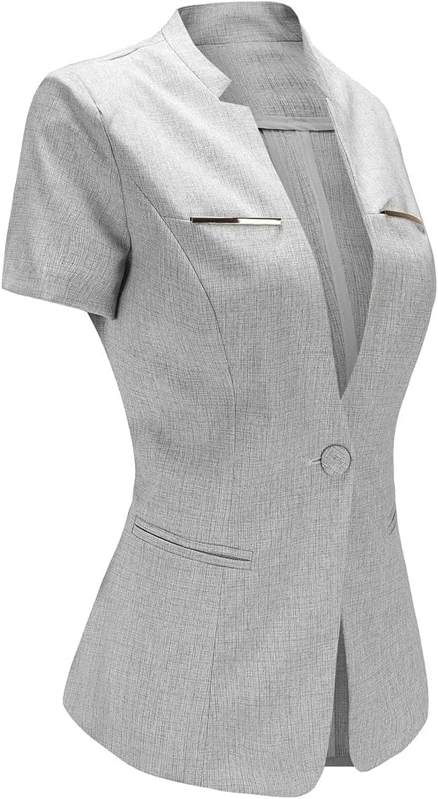 YUNCLOS Women's 2 Piece Business Office Suit Set One Button Short Sleeve Blazer Jacket and Suit Pants Gray
