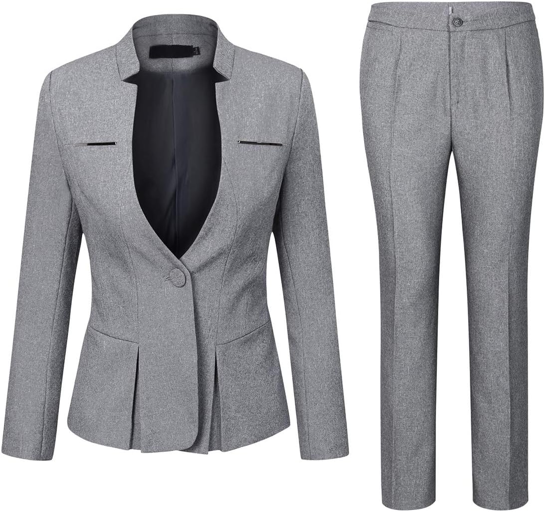 YUNCLOS Women's Elegant Business 2 Piece Office Lady Suit Set Work Blazer Pant, 001L, Grey