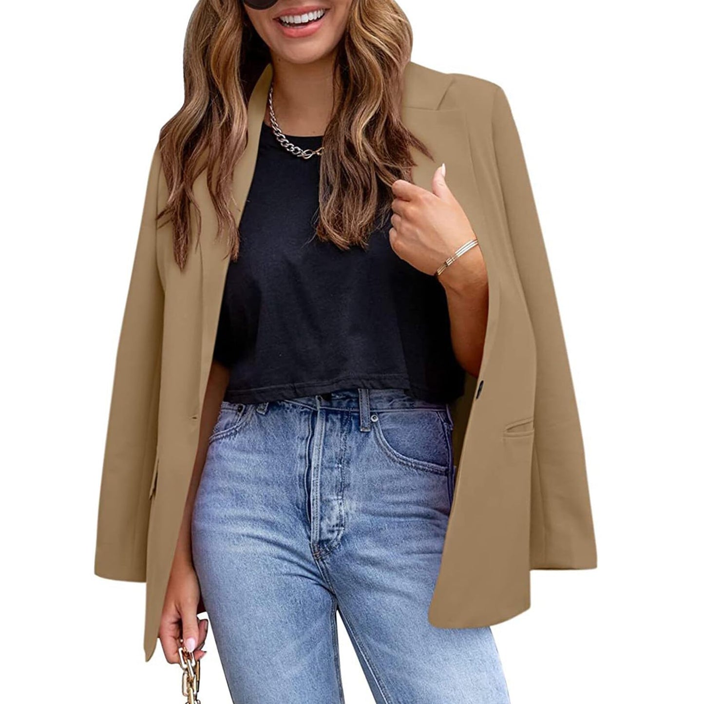 YUNCLOS Womens Casual Suit Blazer 1 Button Long Sleeve Notched Lapel Open Front Jacket for Work Office Khaki