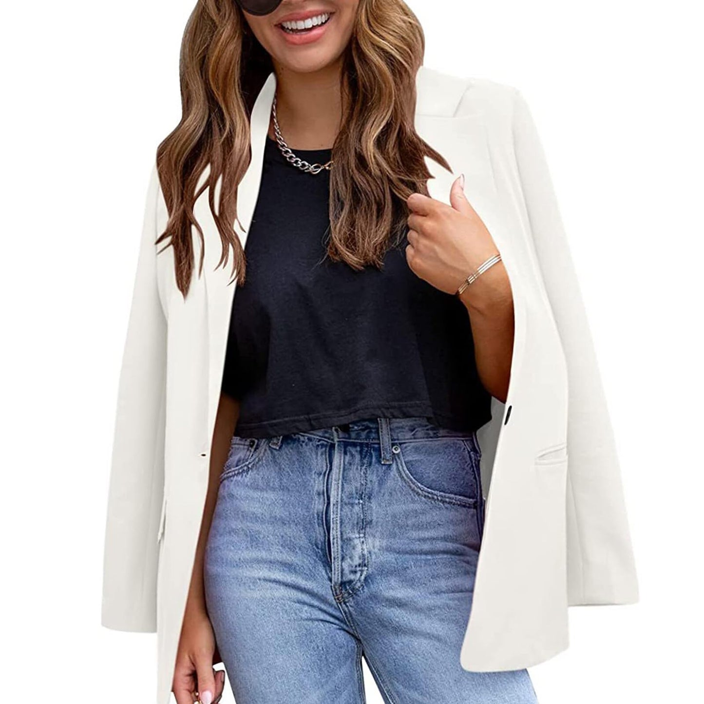 YUNCLOS Womens Casual Suit Blazer 1 Button Long Sleeve Notched Lapel Open Front Jacket for Work Office White