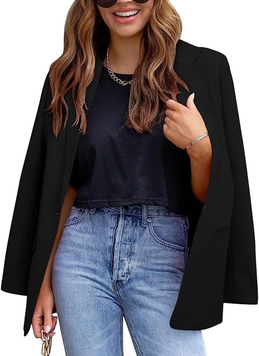 YUNCLOS Womens Casual Suit Blazer 1 Button Long Sleeve Notched Lapel Open Front Jacket for Work Office Black