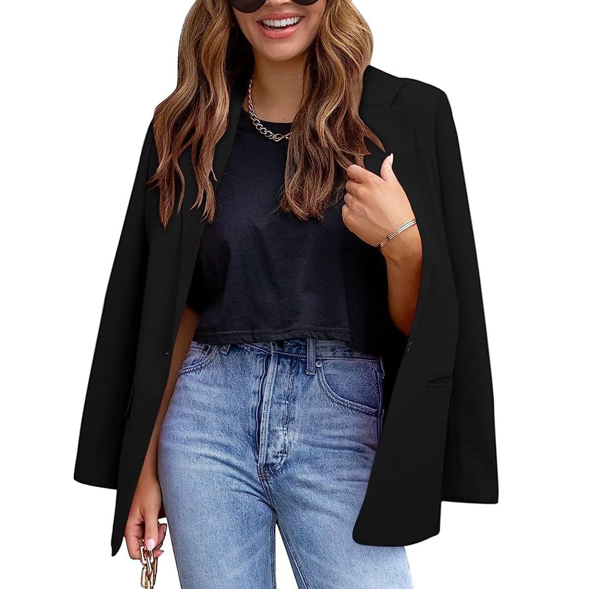 YUNCLOS Womens Casual Suit Blazer 1 Button Long Sleeve Notched Lapel Open Front Jacket for Work Office Black