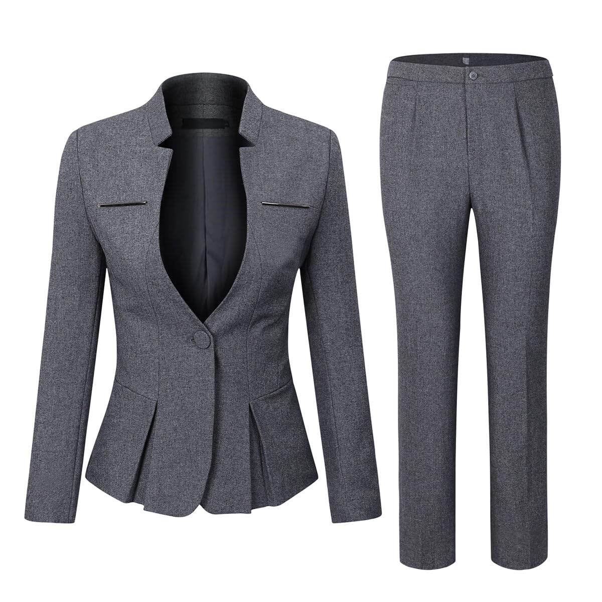 YUNCLOS Women's Elegant Business 2 Piece Office Lady Suit Set Work Blazer Pant, 1L Dark Grey