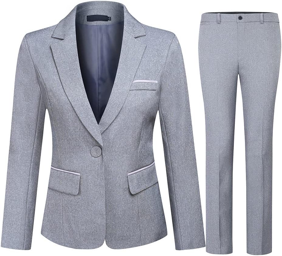 YUNCLOS Women's 2 Piece Office Lady Business Suit Set Slim Fit Blazer Pant Grey