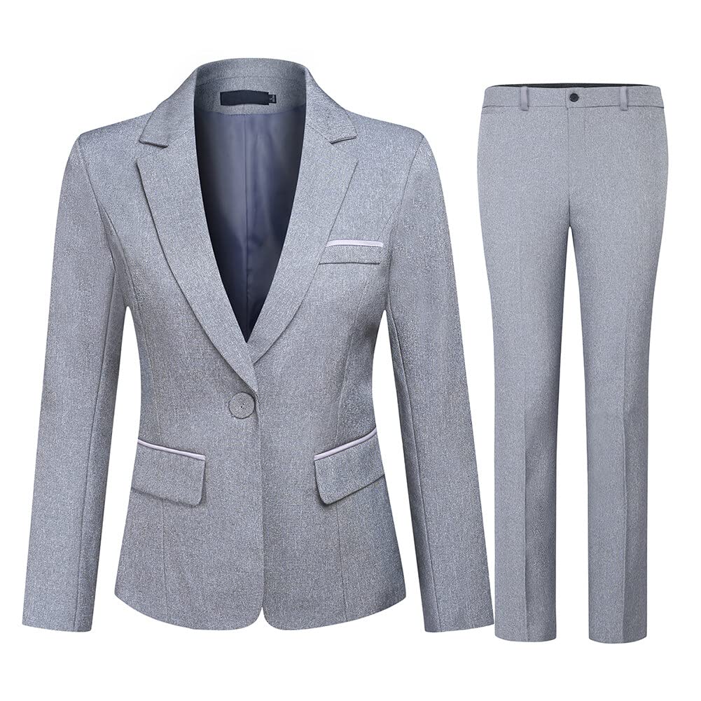 YUNCLOS Women's 2 Piece Office Lady Business Suit Set Slim Fit Blazer Pant Grey