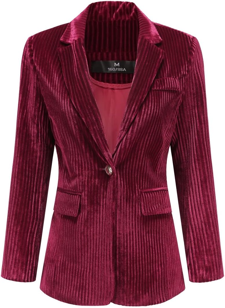 YUNCLOS Womens Velvet Blazer Jacket Slim Fit 1 Button Casual Lapel Office Dress Coat Red