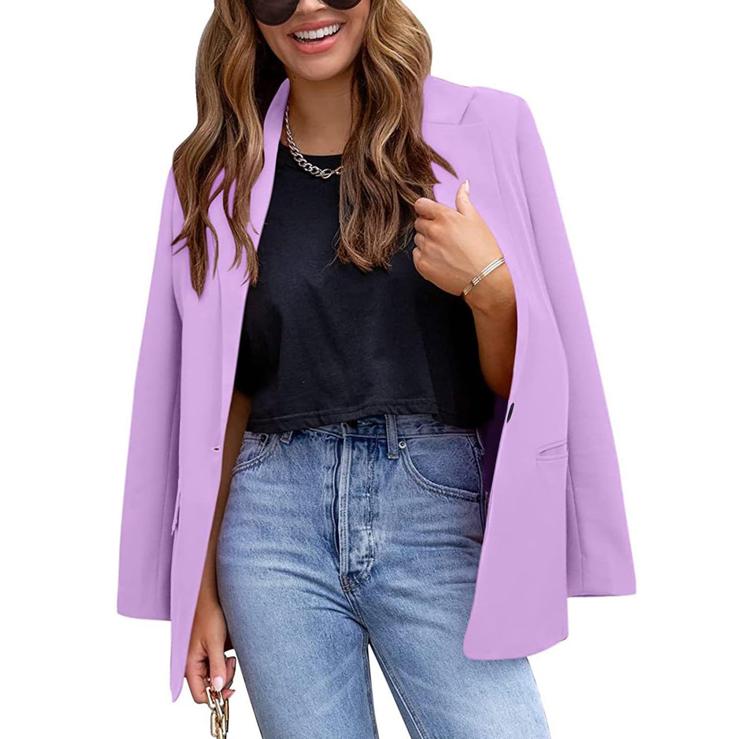 YUNCLOS Womens Casual Suit Blazer 1 Button Long Sleeve Notched Lapel Open Front Jacket for Work Office Purple