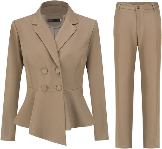YUNCLOS Women's Double Breasted 2 Piece Suit Set 2 Button Blazer Jacket and Pants Coffee