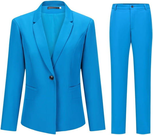 YUNCLOS Women's 2 Piece Office Lady Business Suit Set Slim Fit Blazer Pant Lake Blue
