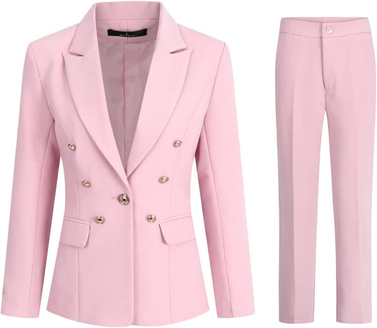 YUNCLOS Women's 2 Pieces Vintage Office Lady Suit Set 1 Button Blazer and Suit Pants Pink